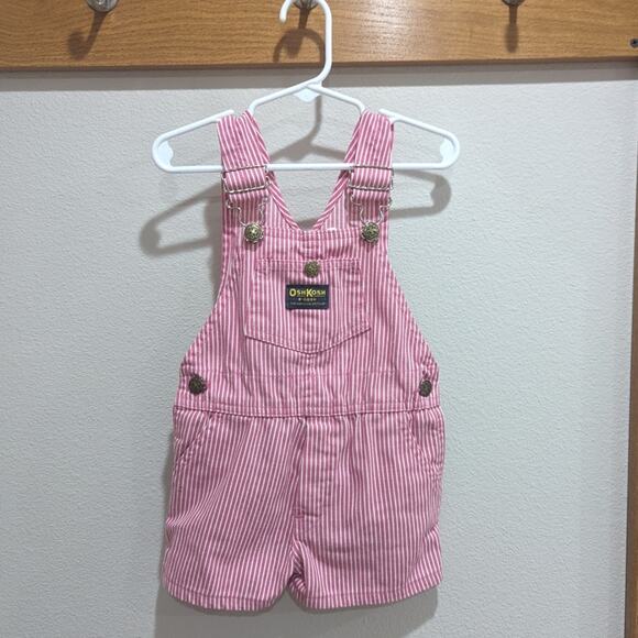 Vtg Oshkosh Bgosh Shortalls Girls Sz 2-3T Pink Engineer Stripe Classic 90s - Picture 1 of 4